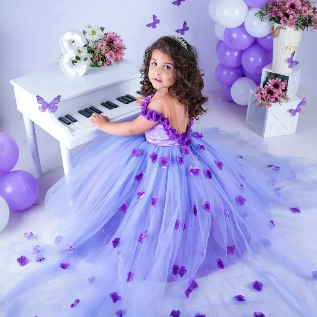 Flower Girl Dress Butterfly Decoration Appliqué Wedding Sheer Neck Appliqued Lace Tiered Tulle Princess Birthday Party Dress