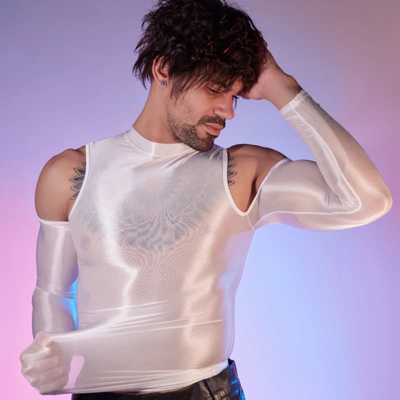 Shiny Long Sleeves Bodysuit men Glossy Sportswear High Neck Gym Suit Sexy Leotards Compression Shirt Bathing Top singlet men