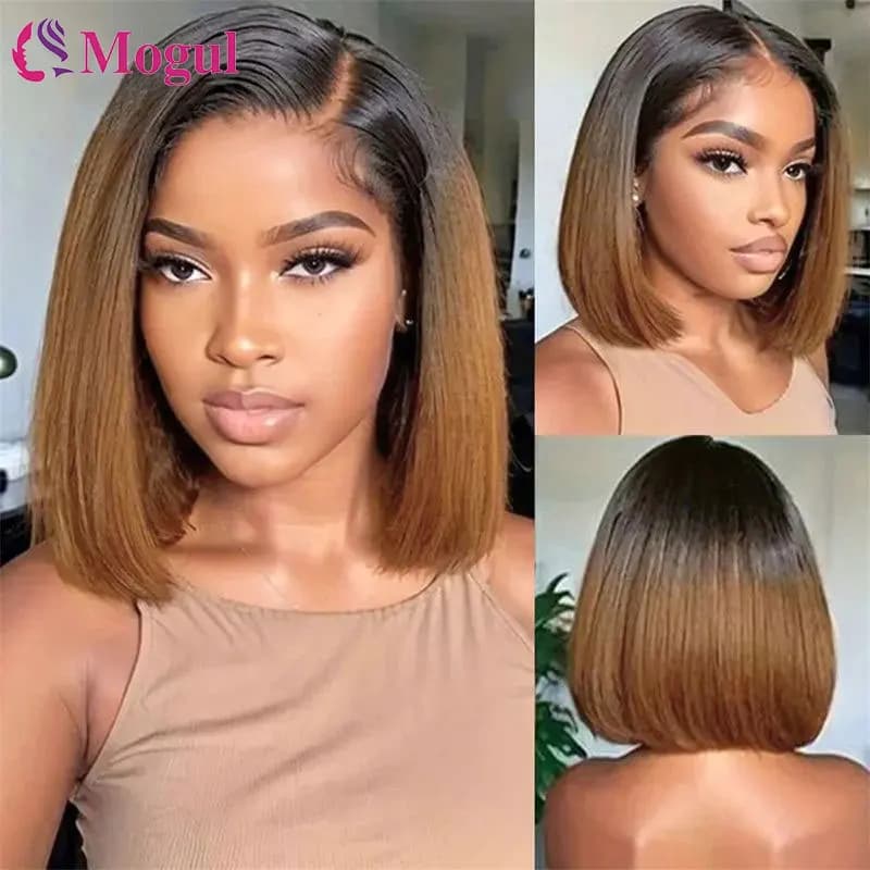 Ombre Brown 1B4 Roots Colored 4x4 Lace Frontal Wig Human Hair Wig Remy Bone Straight Short Bob Wig For Black Women 180% Density