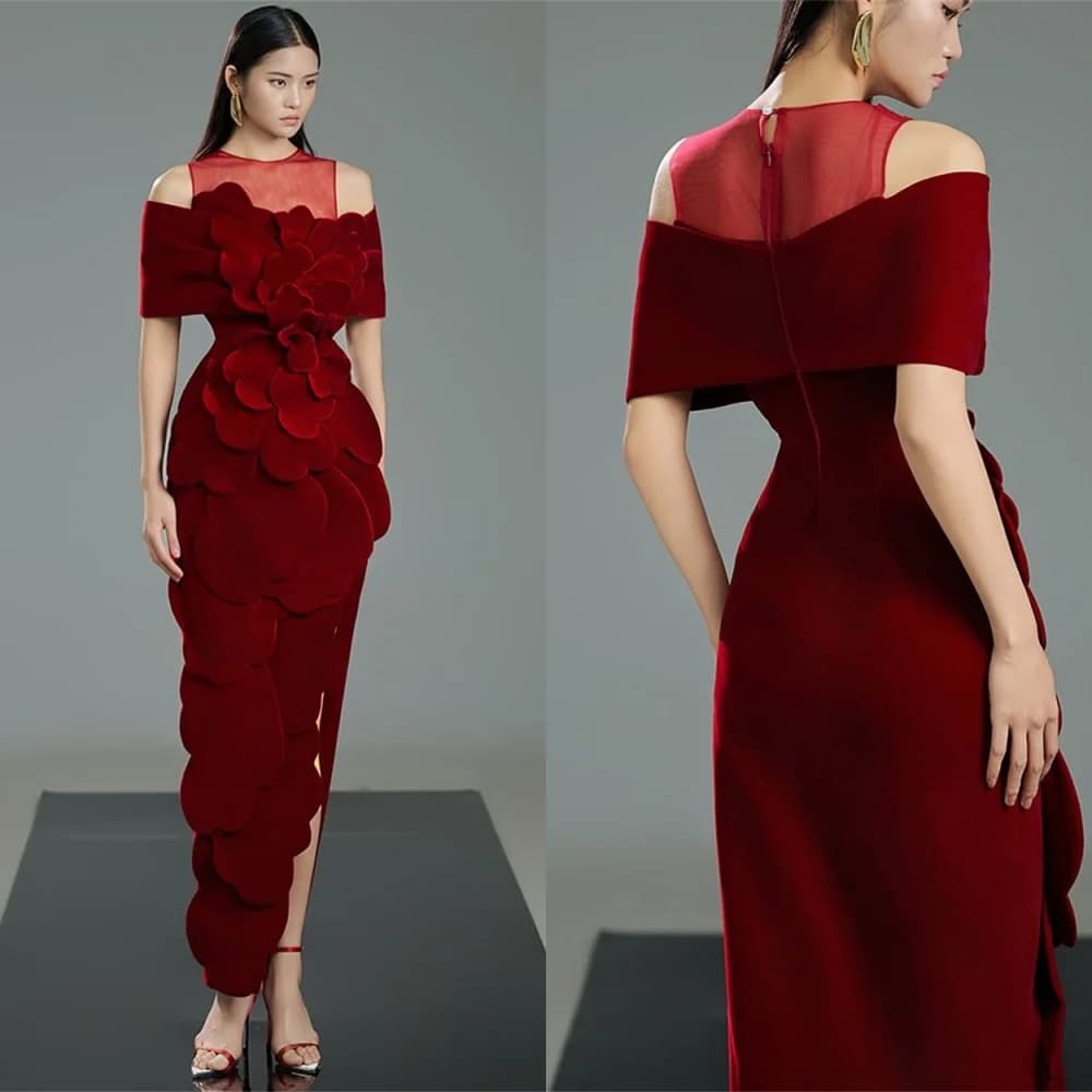 CustomizedCustomized Fashion  Burgundy Jersey Evening Dress Formal Crew Neck Off the Shoulder Mermaid Zipper Back Side Slit  Pro