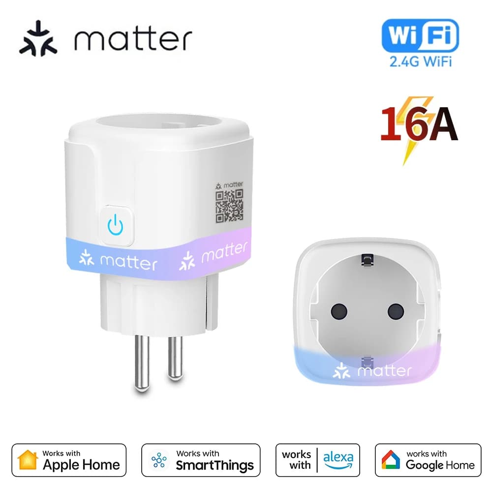 Matter WiFi Smart Socket 16A EU Home Appliance Outlet Mini Smart Plug Adapter APP Control Works with HomeKit Siri Alexa Google