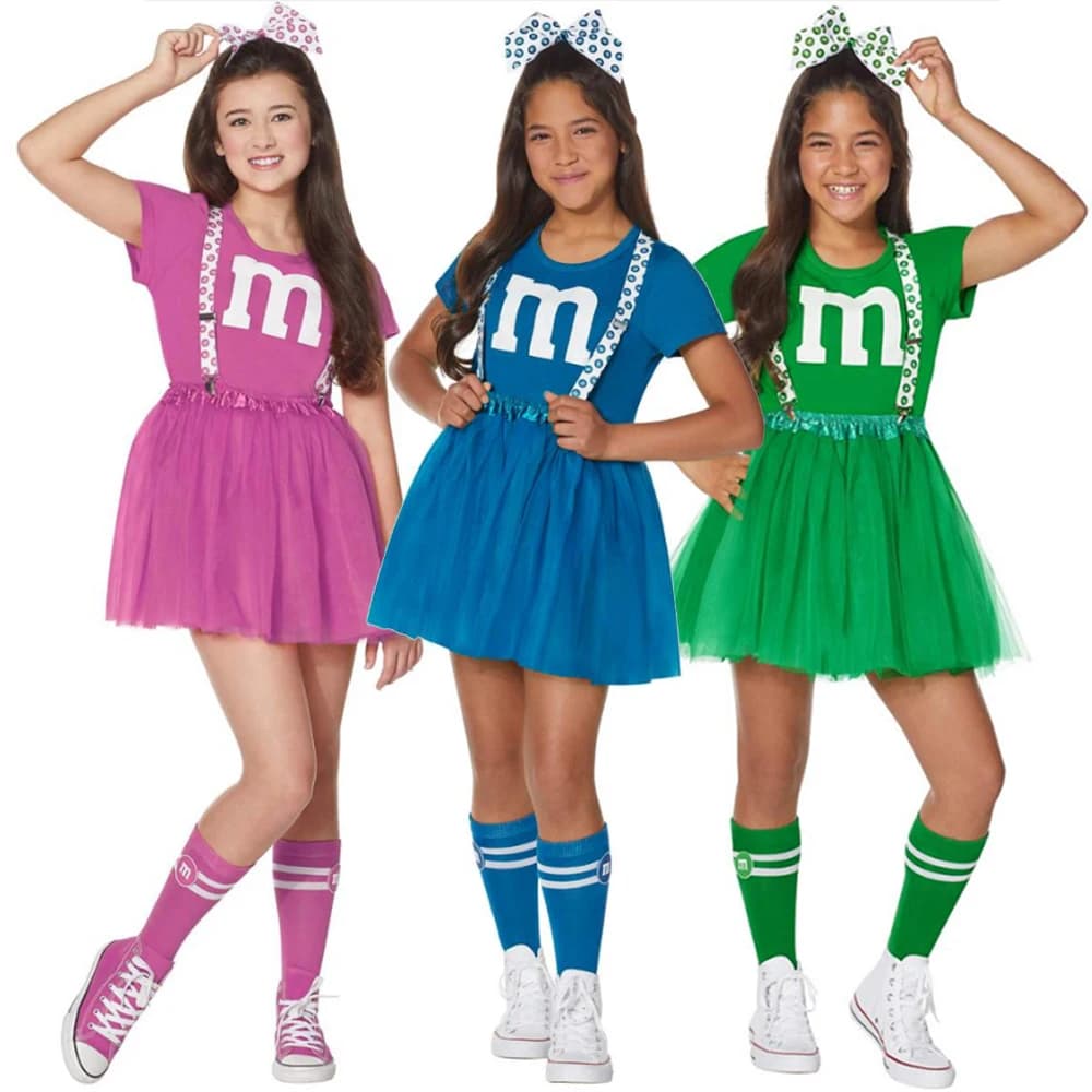Girls M & M's Costume Kid's T shirt Tutu Skirt Cheerleader Uniform Kit Attached Suspender Child Group Costume for Girls Gifts