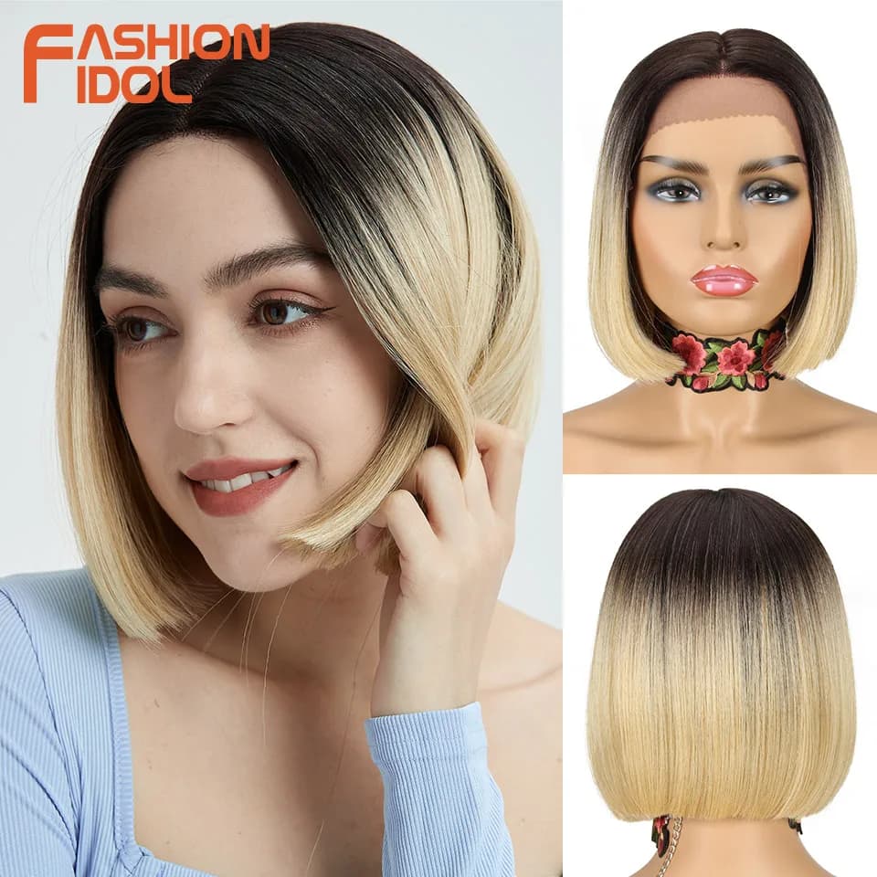 FASHION IDOL Ombre Brown Straight Hair Short Bob Wigs Synthetic Lace Wigs For Women Heat Resistant Fiber Fake Hair Cosplay Wigs