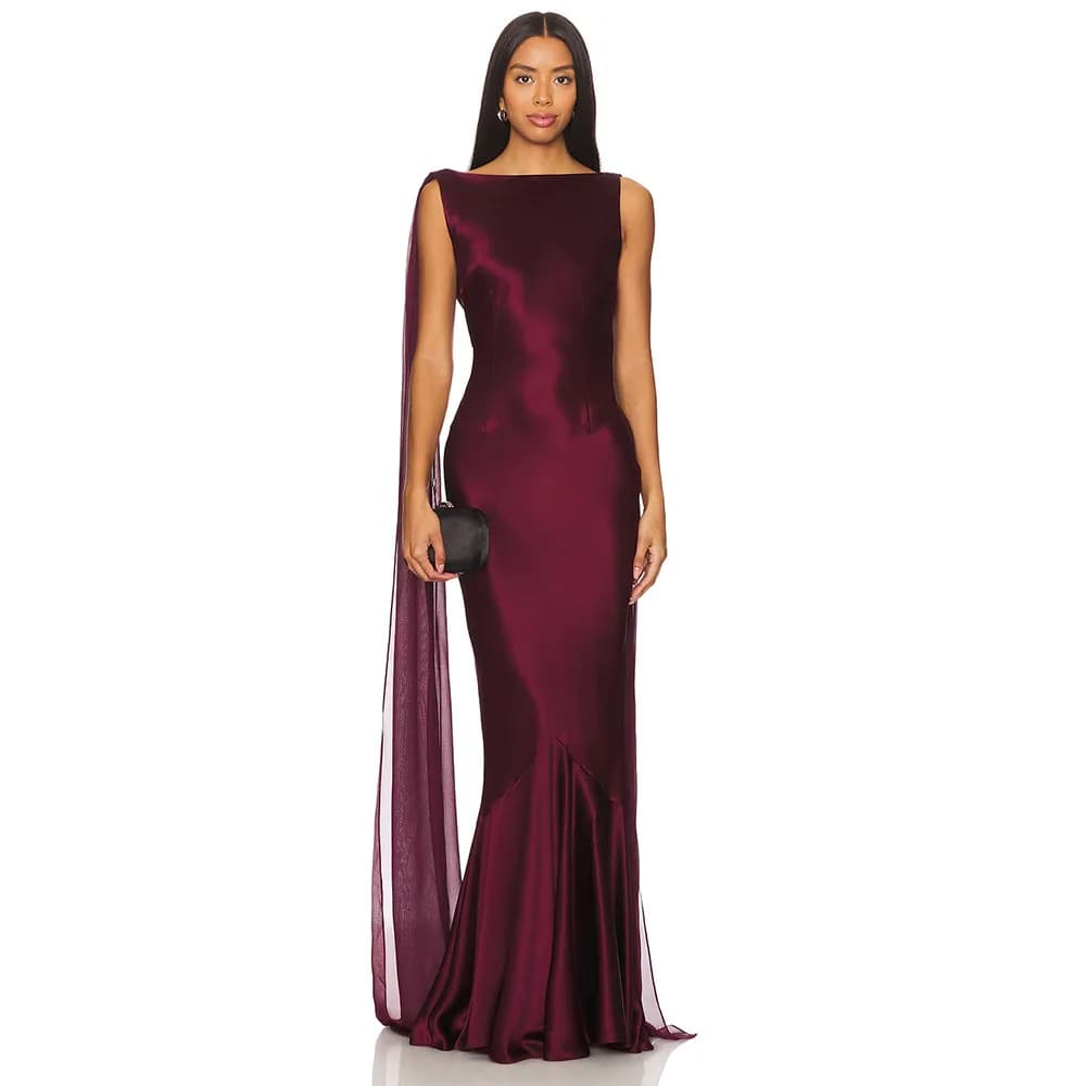 Burgundy Mermaid Women's Evening Gown Boat Neck Evening Dress For Wedding  Sleeveless  Long Backless Formal Dress