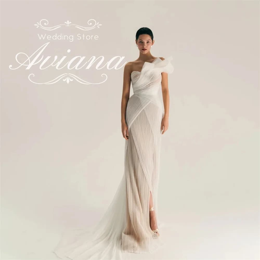 Customized Aviana One Shoulder Ruffled Tulle Sheer Overlay Mermaid Wedding Dress Open Back High Slit Long Train Sleeveless 2025