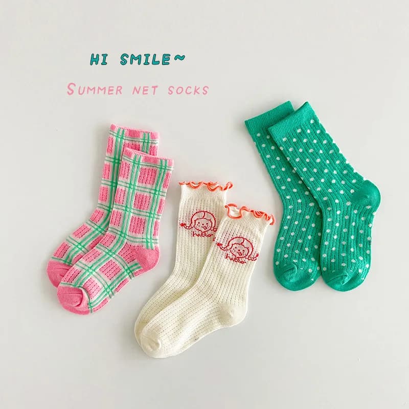 Spring Summer Socks Children Mesh Socks Kids Girls Calf Length Polka Dots Socks 3 Pairs/bag