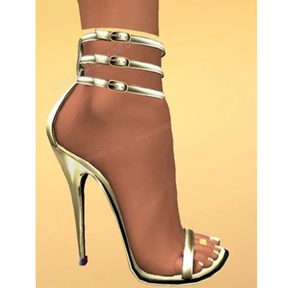 Sliver Open Toe Buckle Belts Sandals Patent Leather Stiletto High Heel Fashion Sexy Women Shoes 2024 Summer Zapatos Para Mujere