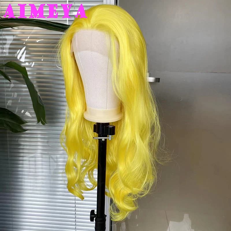 AIMEYA Yellow Lace Wig Long Wave Synthetic Hair  Lace Front Wigs Heat Resiatant Fiber Hair Daily Use Cosplay Wigs