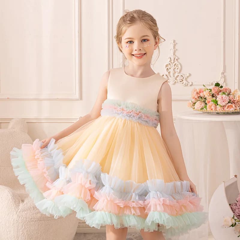 Girl's Princess Pengpeng Skirt Sleeveless Mesh Colored Sweet and Cute Fashion Show Birthday Party Mesh Skirt for 4 5 6 7 Years