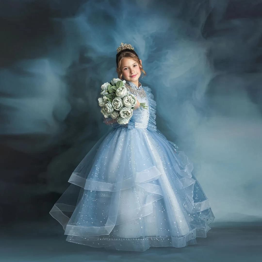 Shiny Sky Blue Ruffles Children's Dress Girls' Princess Sequin Latern Sleeve Long Mesh Flower Little Girl Tulle Wedding Gowns