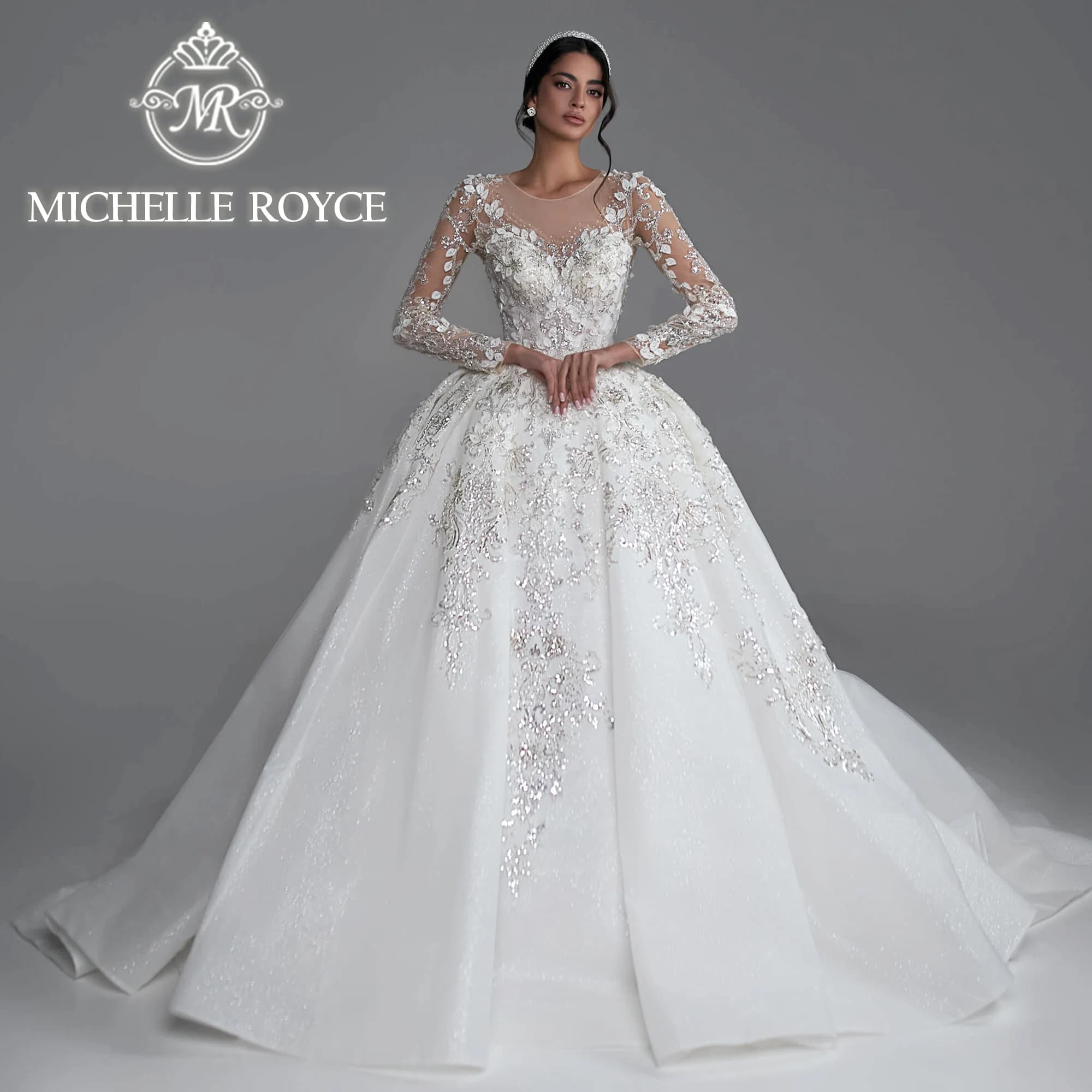 Michelle Royce Luxury Long Sleeve Ball Gown Wedding Dress Sweetheart Embroidery Glitter Lace Wedding Gown Vestidos De Novia