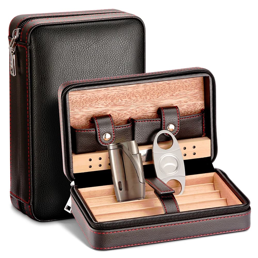 Cedar Wood Cigar Humidor Box Travel With Humidifier Leather Cigar Case W/wo Lighter Cutter