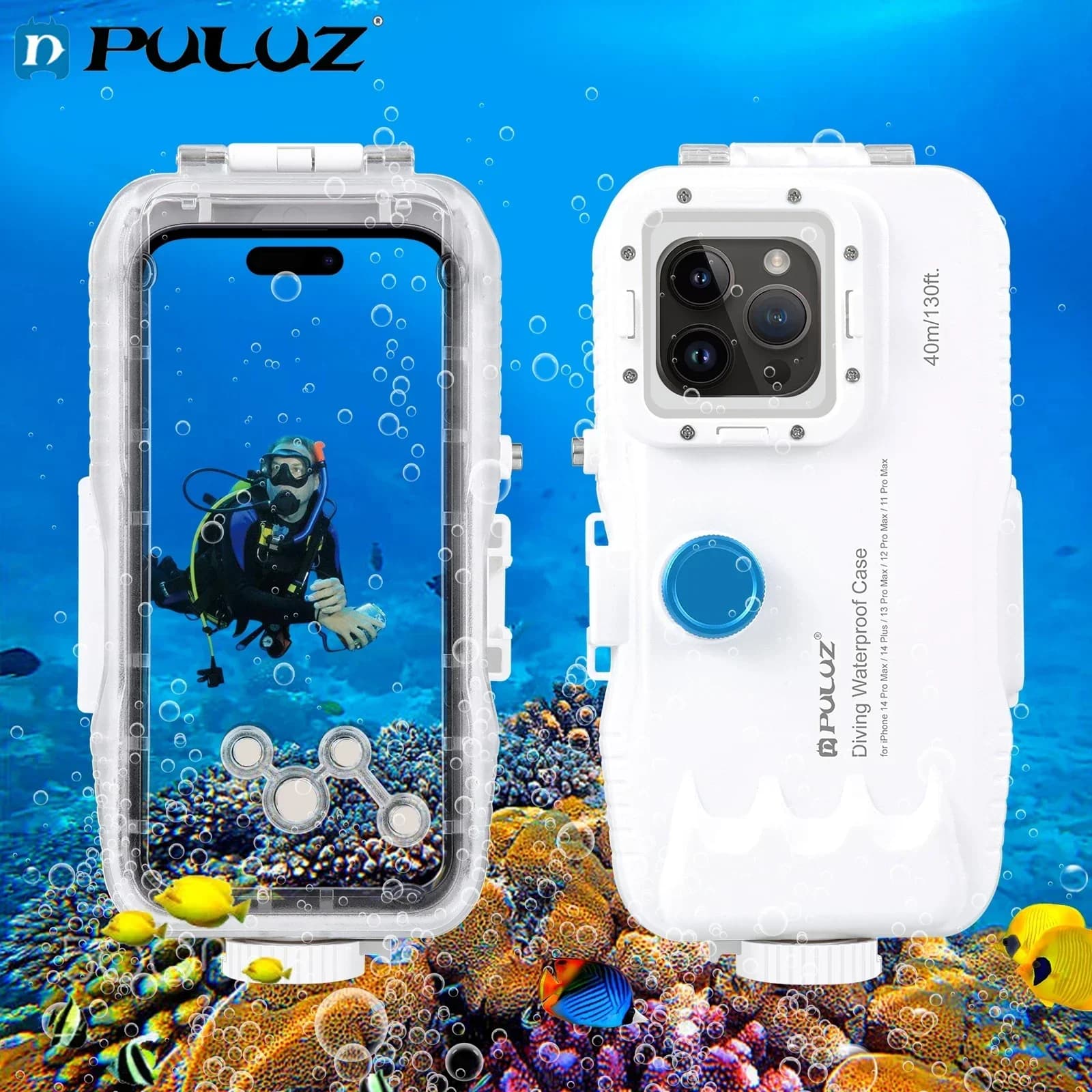 PULUZ 130ft/40m Professional Diving Case For iPhone 15 14 13 12 Pro Max Plus Waterproof Case Underwater Taking Photo Video Cover