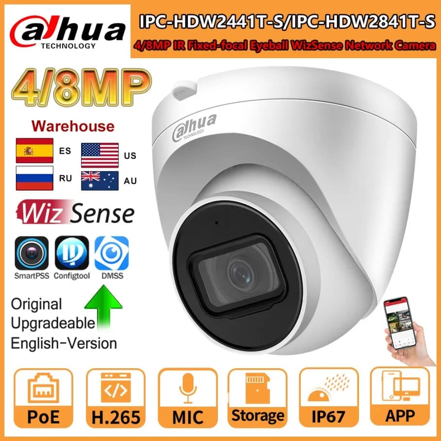 Dahua 8MP Camera 4K IR PoE IPC-HDW2841T-S 4MP IPC-HDW2441T-S Build-in Mic SD Card Slot Vehicle Human Detection WizSense