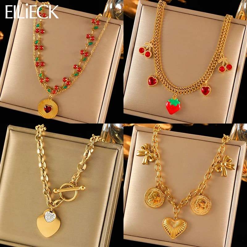EILIECK 316L Stainless Steel Heart Love Pendant Necklace For Women Fashion 18K Gold Plated Neck Chain Waterproof Jewelry Gift