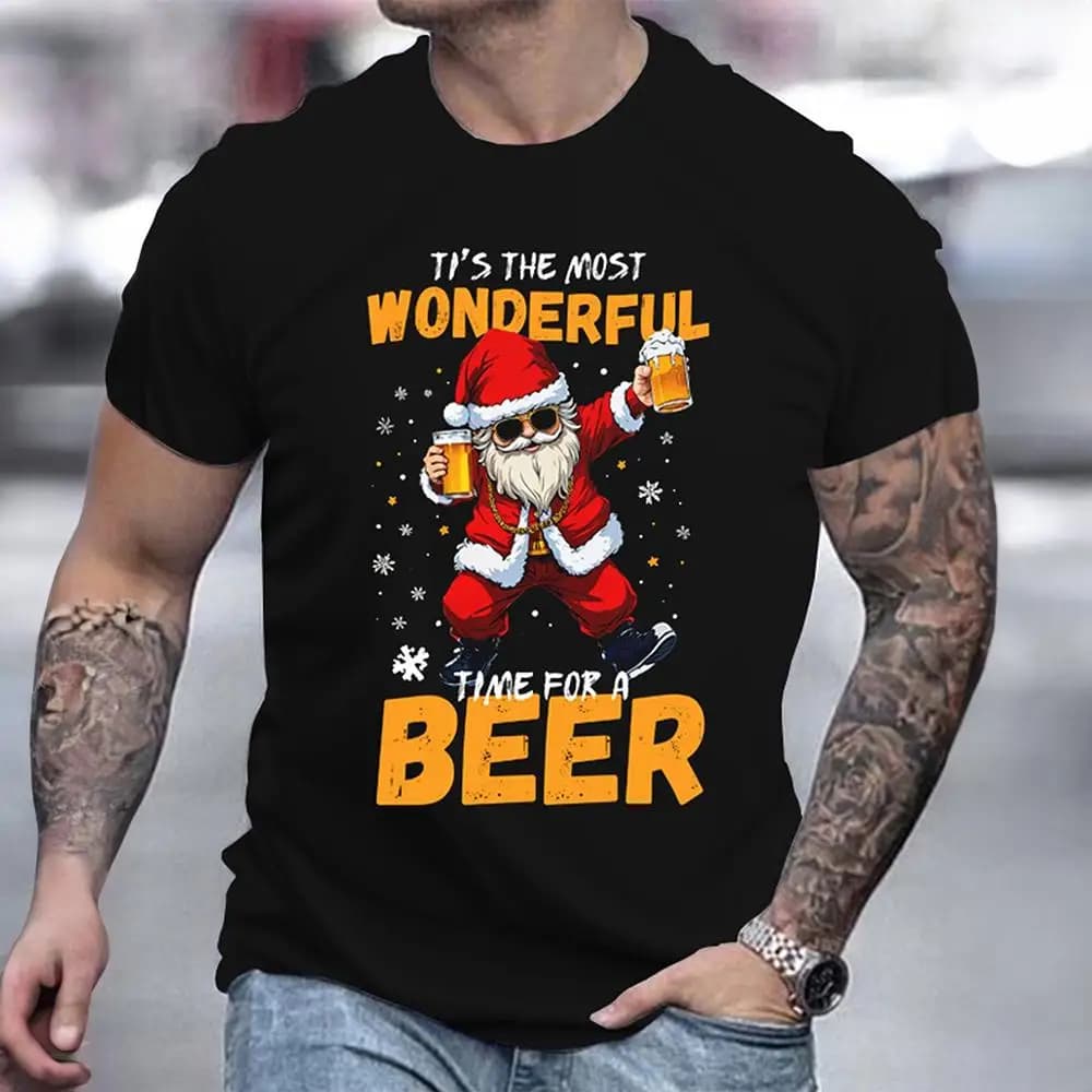 Funny Christmas Men's T-shirts Cool Beer Santa Claus Graphic 3D Print T-Shirt Short Sleeved Tees Oversized Clothing Tops Outdoor
