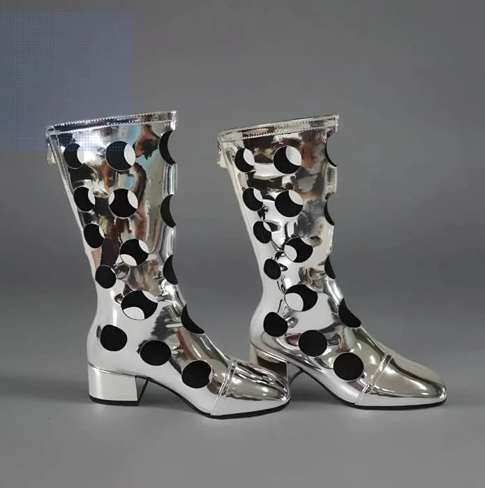 Fashion Chunky Heels Round Hole Hollow Mid Boots Silver Grey Red Patent Leather Women Zipper Back Boots Shoes