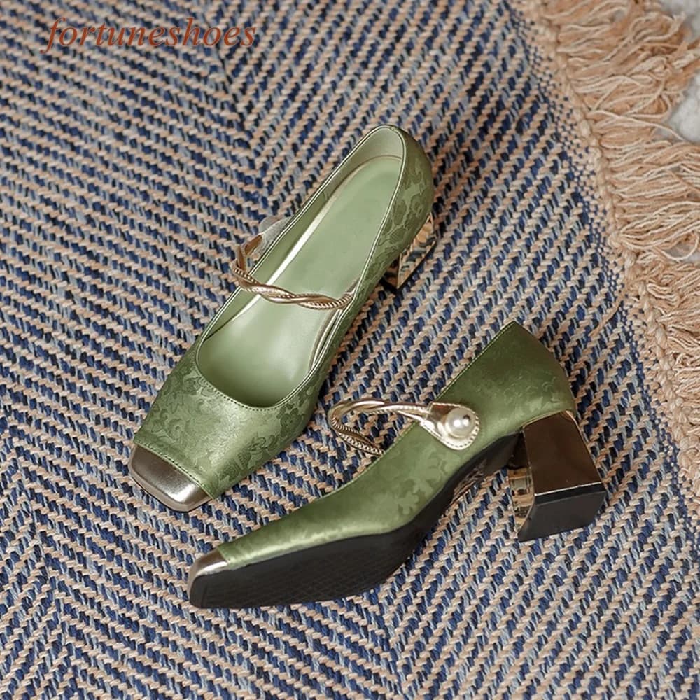 Shallow Chinese Style Women Shoes Fashion Casual 2024 Newest Pumps One Word Belt Buckle Rhinestone Chunky Heel Square Toe Shoes