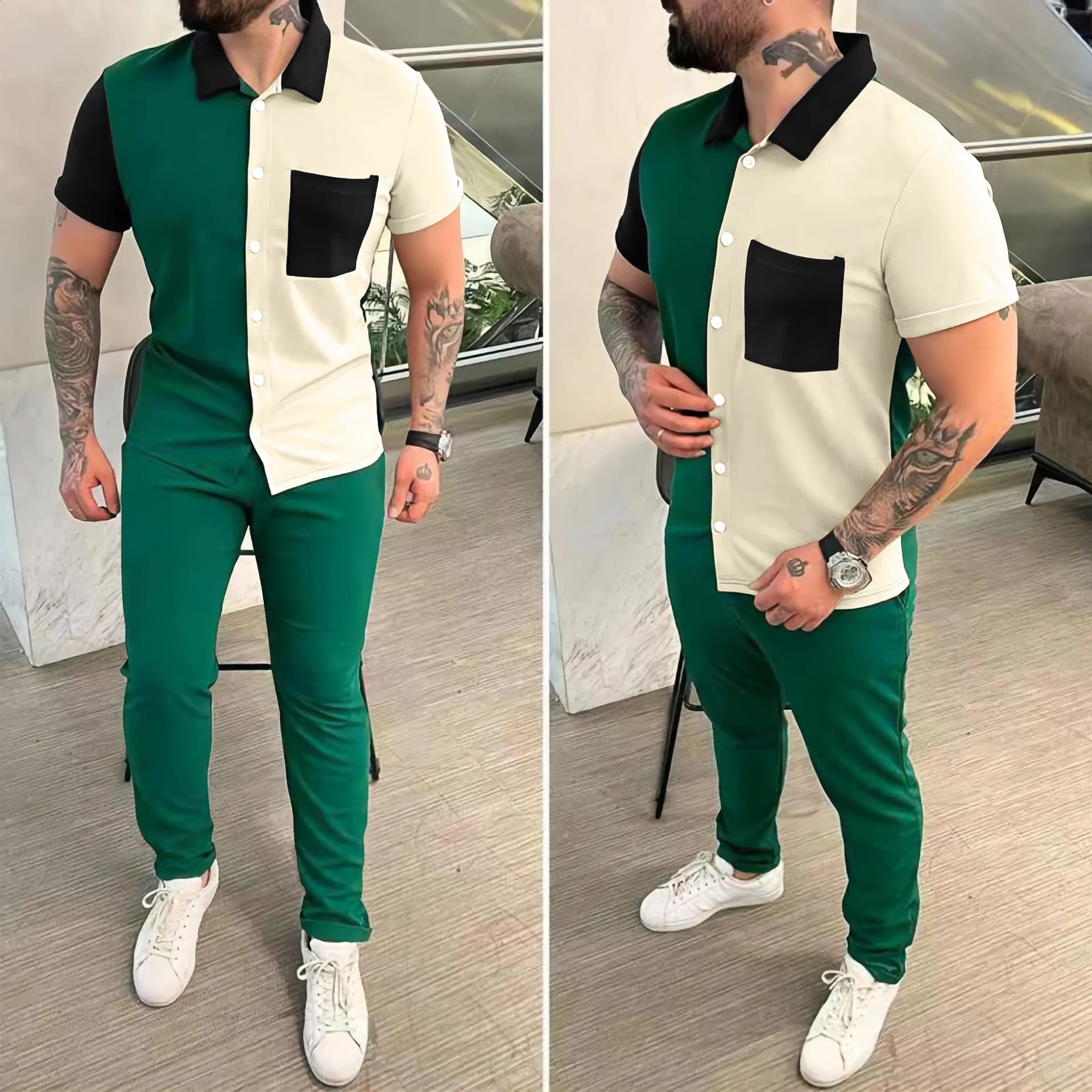 Summer Men Short-sleeved Suit fashion Color-blocked Sportswear Short-sleeved Shirt trousers Two-piece Mensuit S-XXXL
