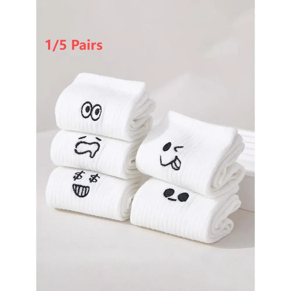 1/5 Pairs Women's socks, pure white socks, fall and winter long socks, thick plush cotton socks, cute emoticon bag socks
