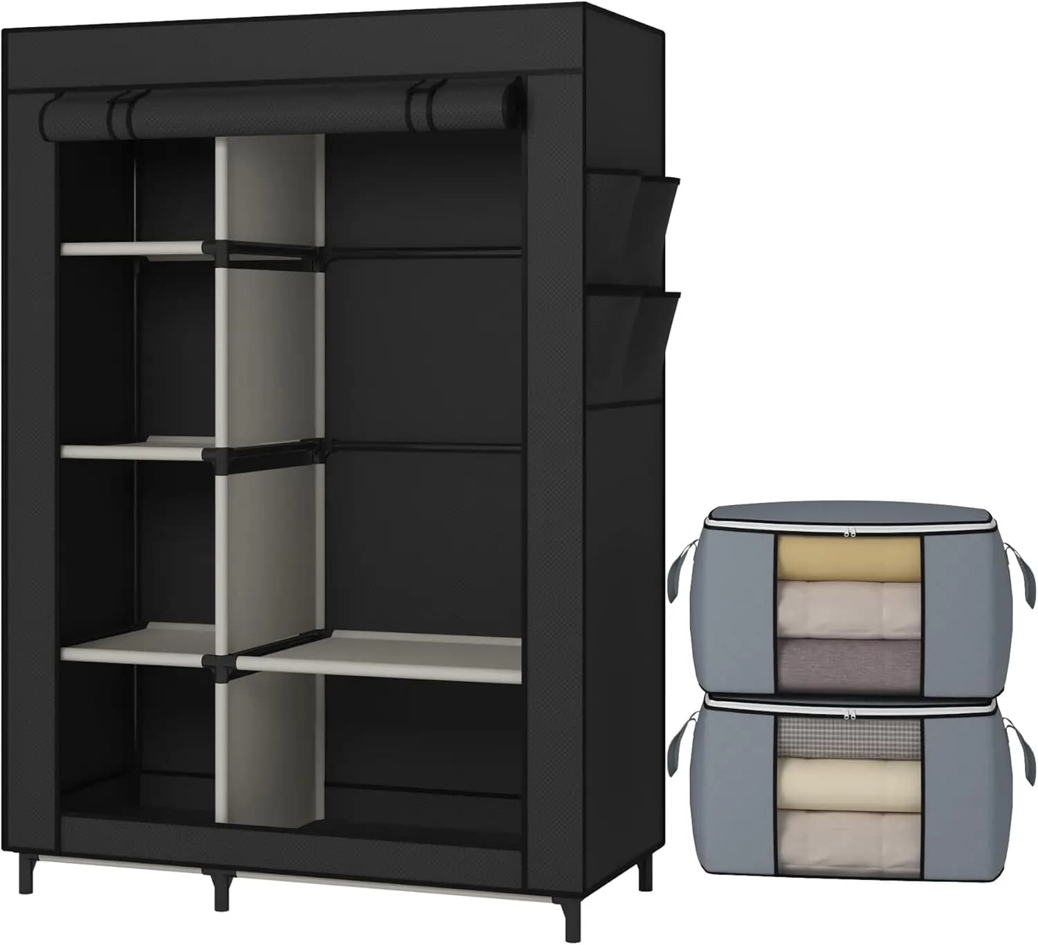 Wardrobe with 6 Shelves and Hanging Rod Storage Organizer NonWoven Fabric Cover with 4 Side Pockets includes 2 StorageBags Black
