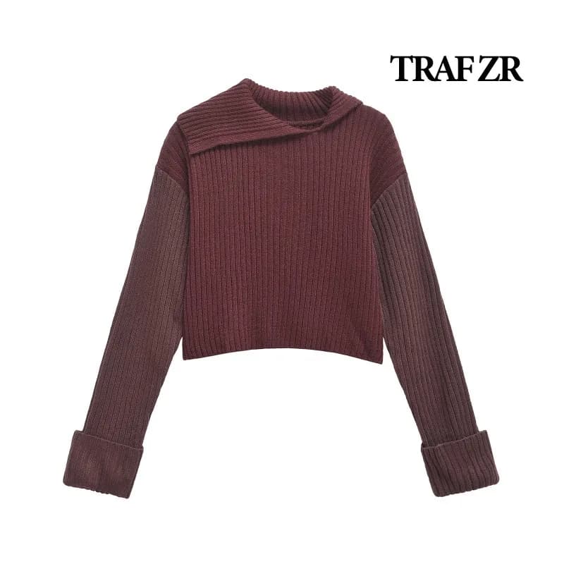 TRAF ZR Cropped Pullovers Solid Knitwear Long Sleeve Pullover Women's Autumn Sweater Asymmetrical Turn-down Collar Pullovers
