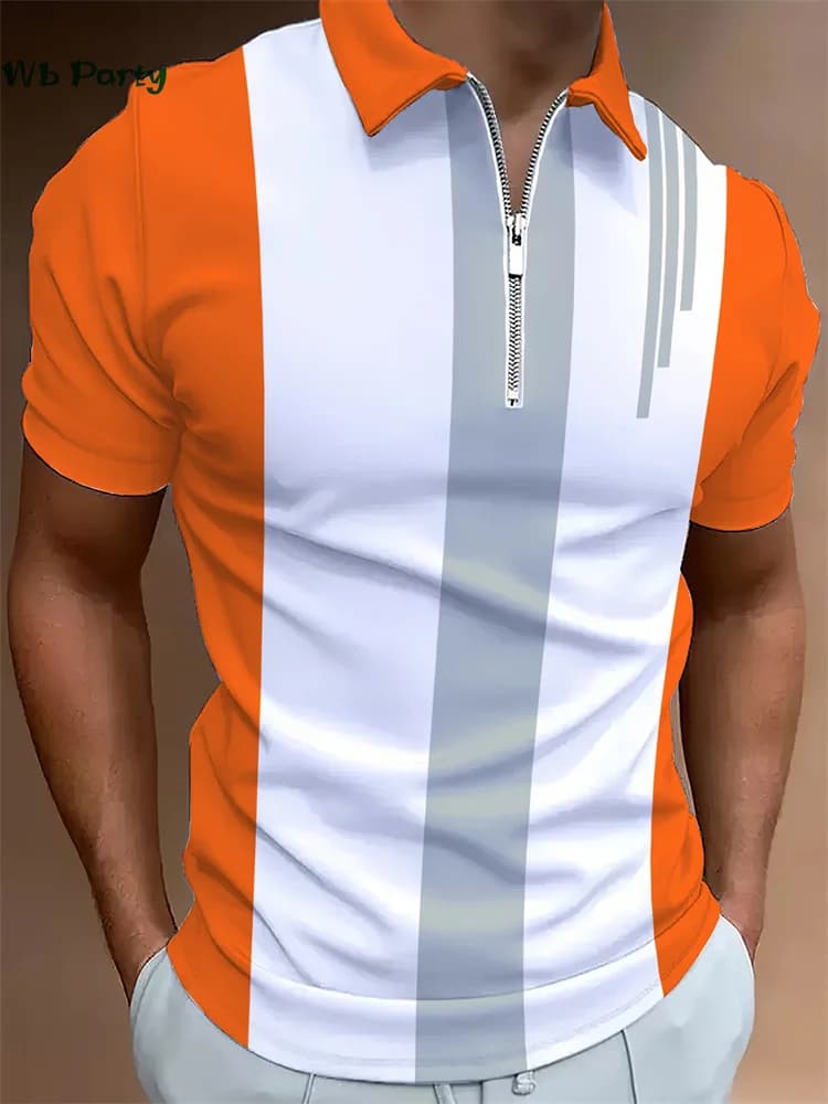 Classic Stripe Print T shirt Men Fashion Lapel Men's Clothing T-shirts for Men Contrast Color Polo Shirt for Men Summer T shirt