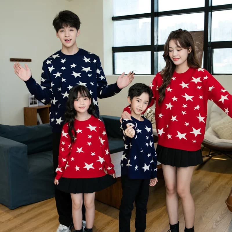 Christmas Sweater for The Whole Family Five-pointed Star Print Knit Tops Mom and Daughter Matching Knitwear Dad and Son Jumper
