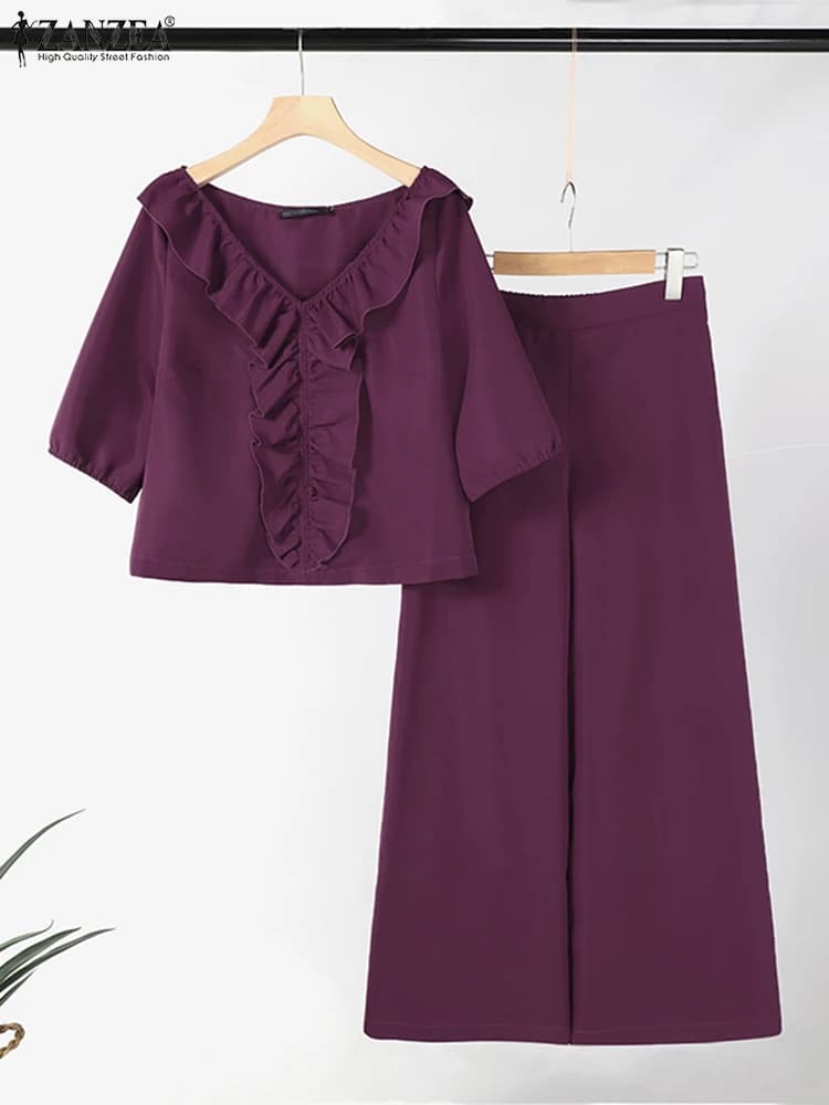 Women Fashion Matching Sets ZANZEA Summer 2024 V Neck Half Sleeve Ruffles Blouse Pants Sets Solid Wide Leg Trouser Suits 2PCS