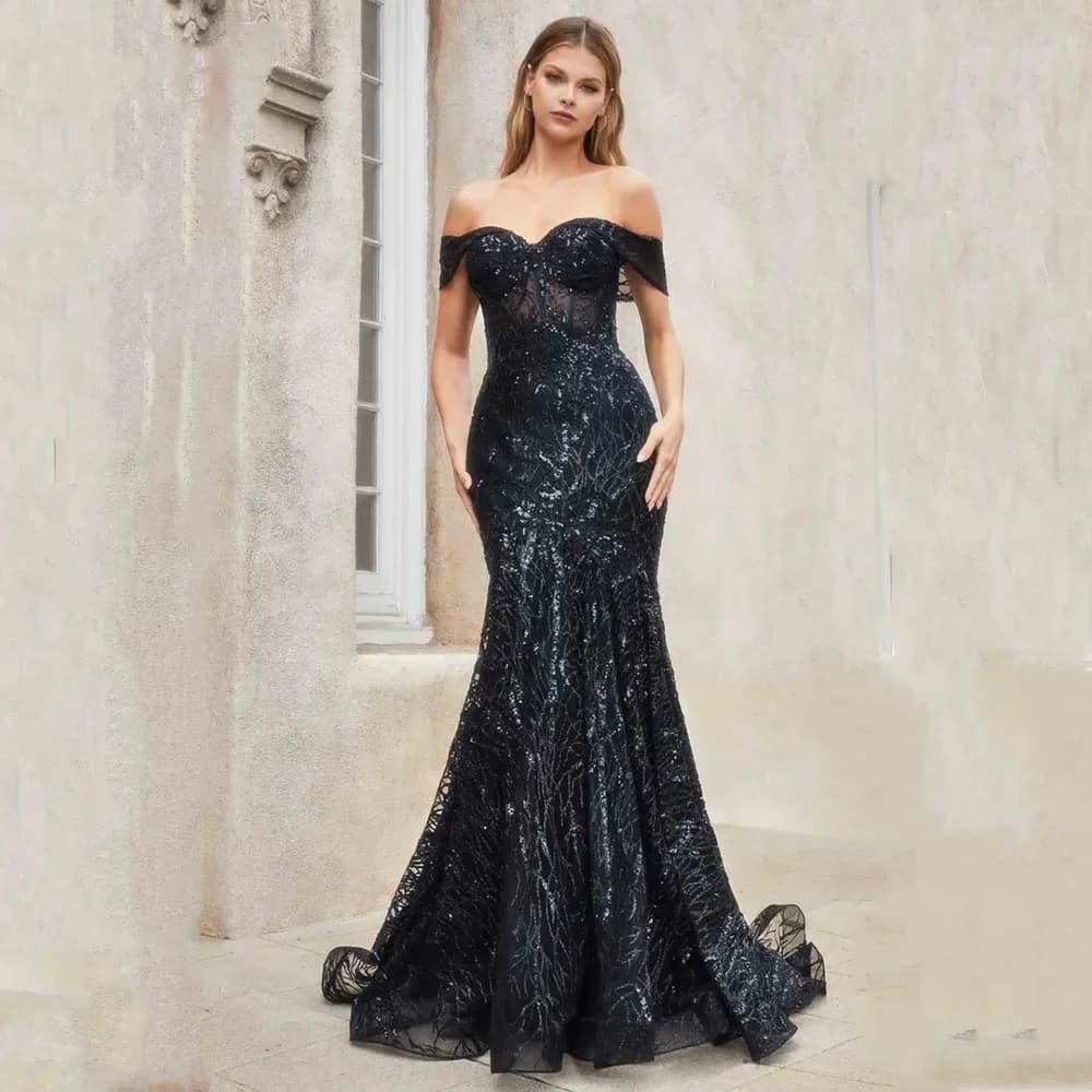 Customized Luxury Glitter Sequins Floor Length Prom Dresses Sexy Mermaid Women's Evening Gown Black Graduation Party Dres