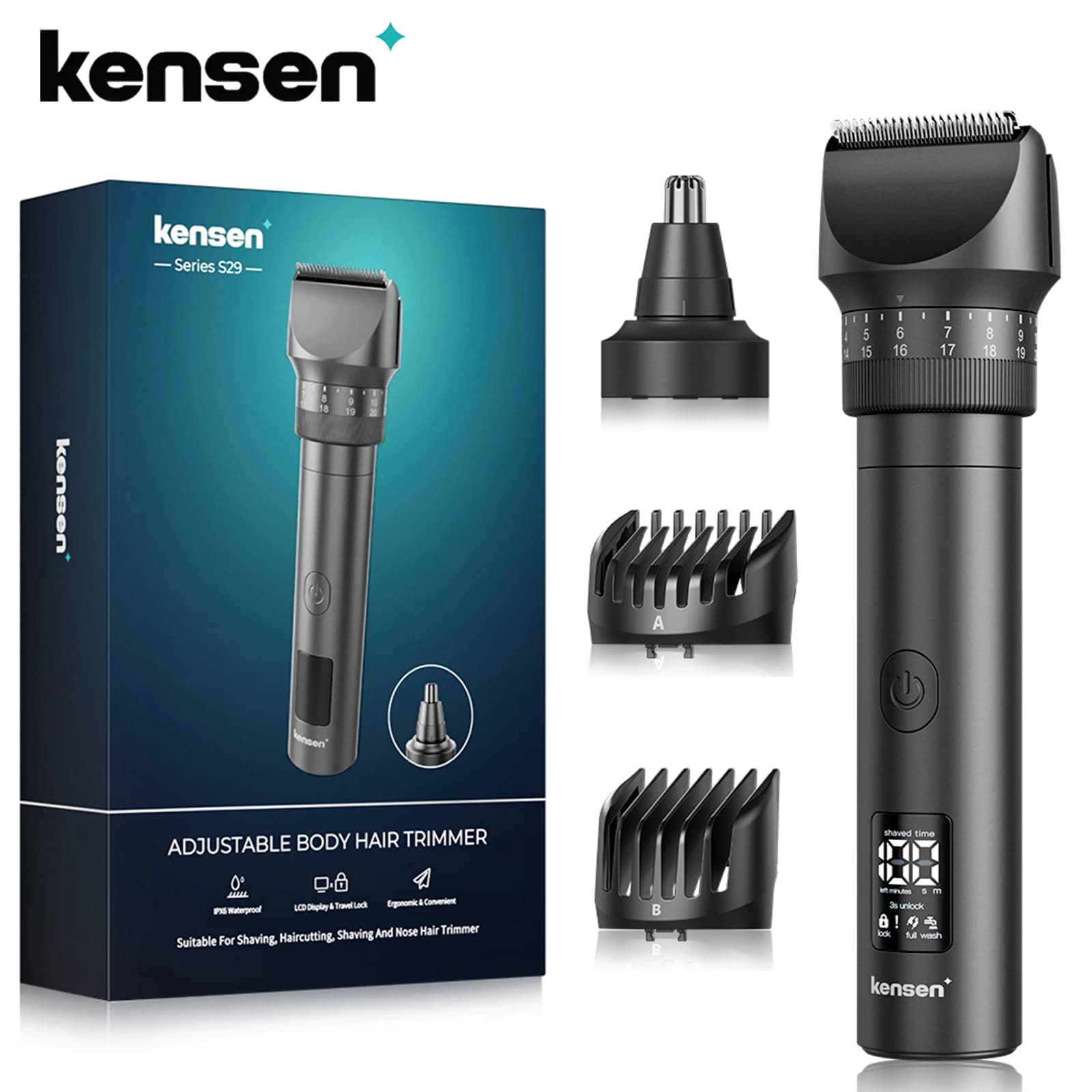 Kensen S29 Hair Trimmer for Men 2 in 1 Adjustable Hair Clipper Kit Electric Razor Dry/Wet Hair Cutting Machine Nose Hair Trimmer