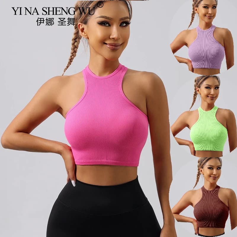 Sport Bra Women Rib-Knit Yoga Vest Round Neck Athletic Crop Top Seamless Elastic Push Up Underwear Without Pad Sportwear