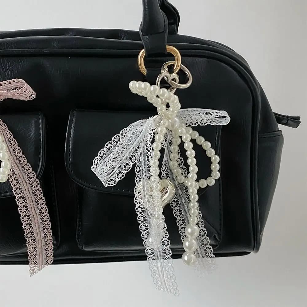 Cute Sweet Pearl Bow Keychain Korean Y2K Heart Lace Pendant Beauty Girl Bag Pendant Accessory
