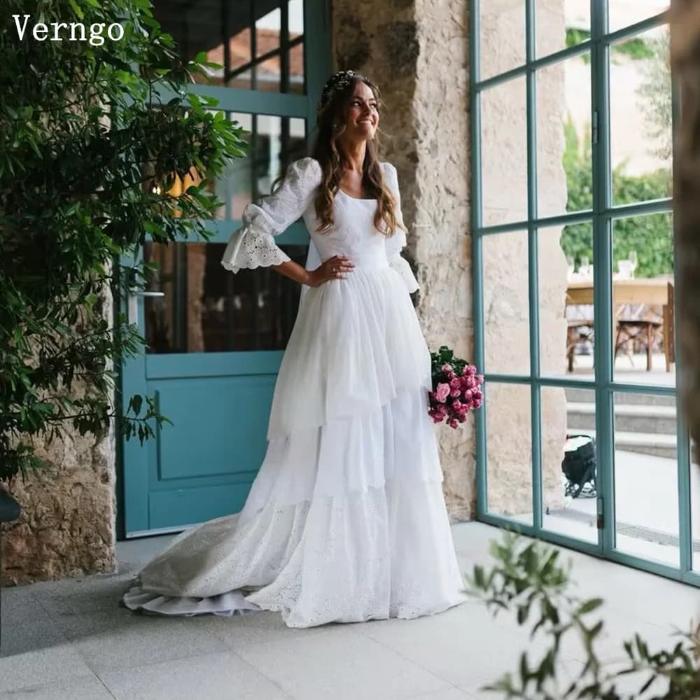 Verngo Rustic Wedding Dress Vintage Lace Wedding Dress 2024 Boho A Line Bride Gown Half Sleeves Tiered  Wedding Gowns Customized