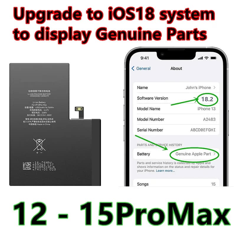 Battery for iPhone 12 Pro Max 13 13Mini 14 Plus 15Plus 15ProMax Settings iOs18 No Pop-up Message Health 100% ,Show “USED”