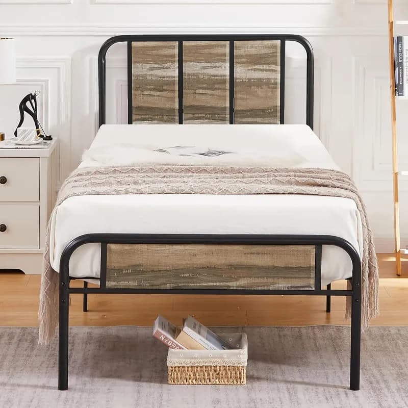 Bed Frame Metal Platform with Wood Headboard & Footboard, Heavy Duty Steel Slats Support/Easy Assemble