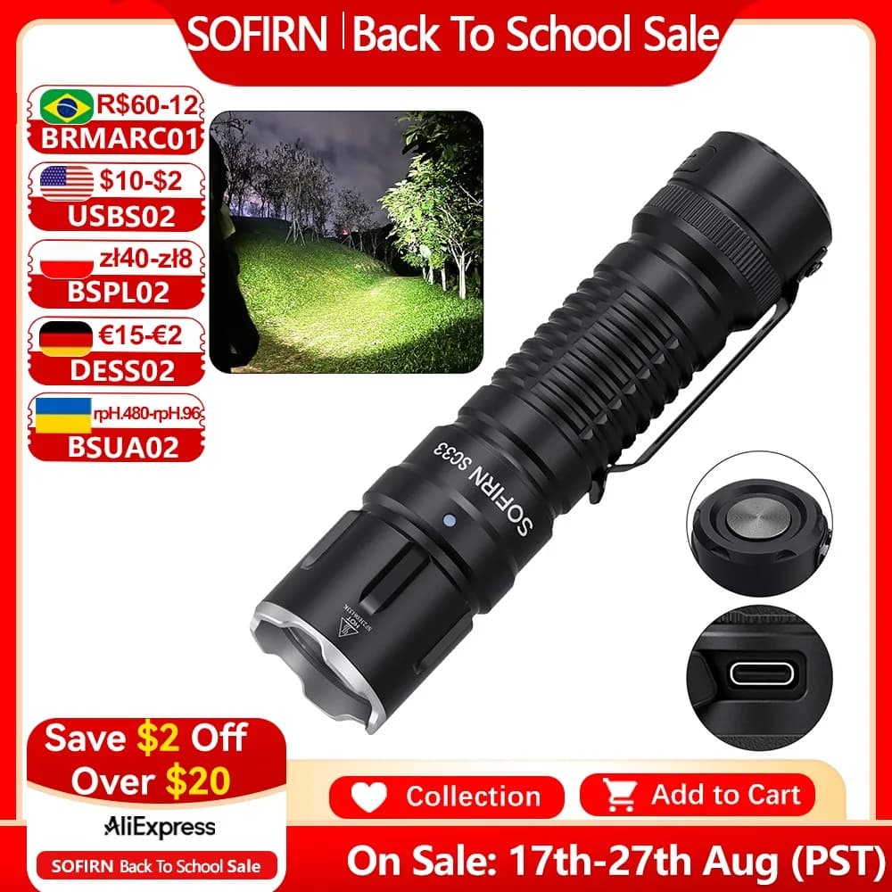 Sofirn SC33 XHP70.3 HI LED Flashlight Tactical 5200lm Powerful 21700 USB C Rechargeable Torch with Tail E-switch Outdoor Light