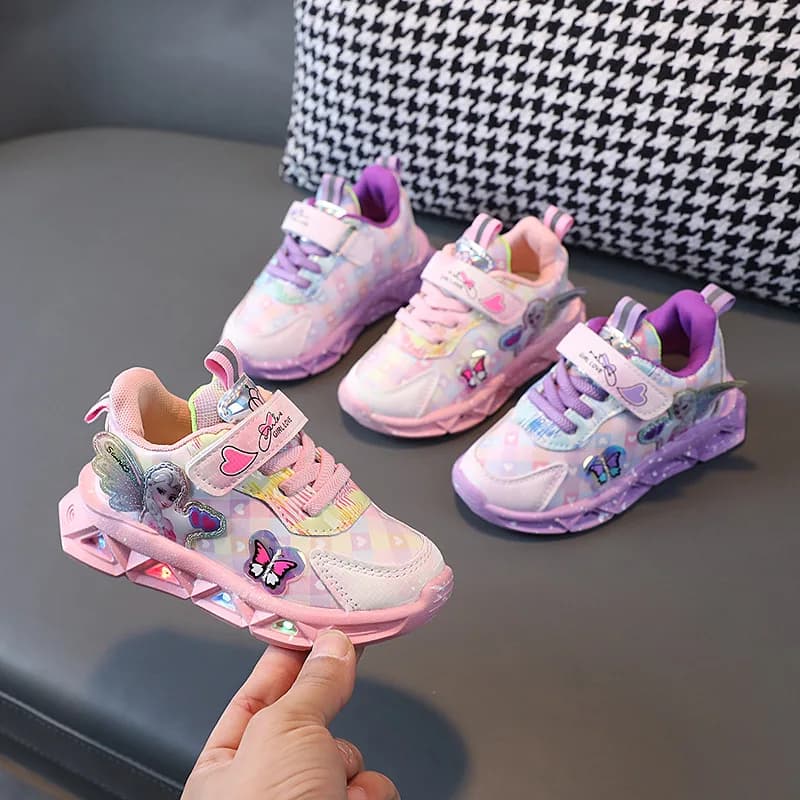 Disney LED Casual Sneakers For Spring Girls Frozen Elsa Princess Print Pu Leather Shoes Children Lighted Non-slip Pink Purple