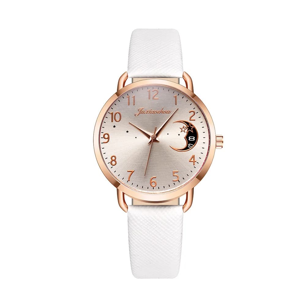 Hot New 2025 Casual Women Watch Moon Numbers Dial Bracelet  Set Ladies Leather Band Quartz Wristwatch Feminine Female Clock