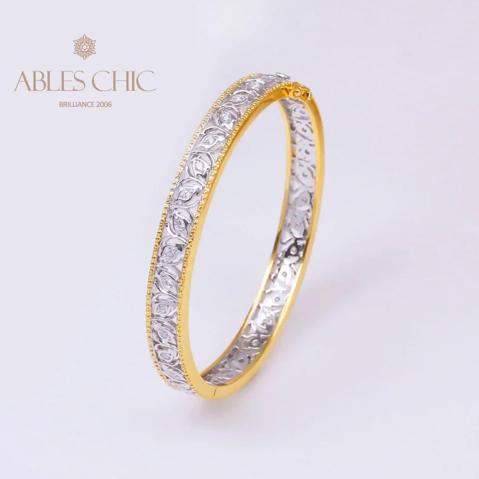 ABLES CHIC 925 Silver Retro Filigree Bezel Set Zircon Flowers Bangle Gold Rim Rose Element Narrow Band Clasp Bracelet Vintage 