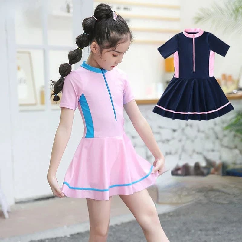 Short-sleeve Swimsuit for Girls,young Girls One-piece Swimwear, Conservative Hot Spring Baby Girls Bathing Suit
