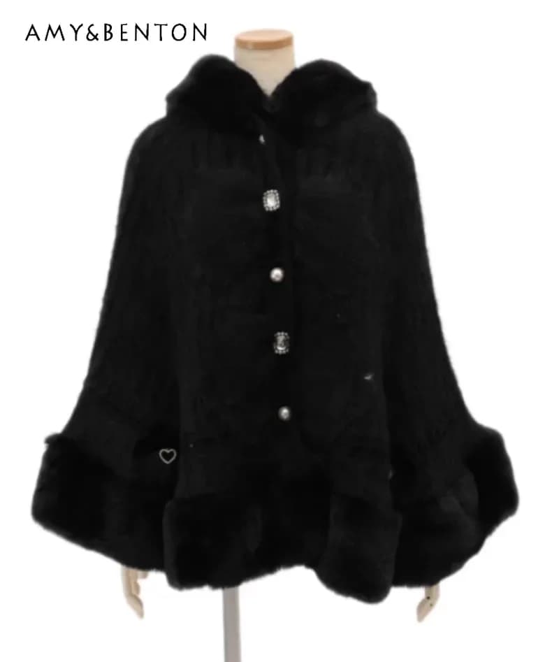 2024 Japanese Autumn and Winter Sweet Soft Waxy Thick Double-Layer Big Bow Pearl Mouth Warm Hooded Knitted Black Cape For Girl