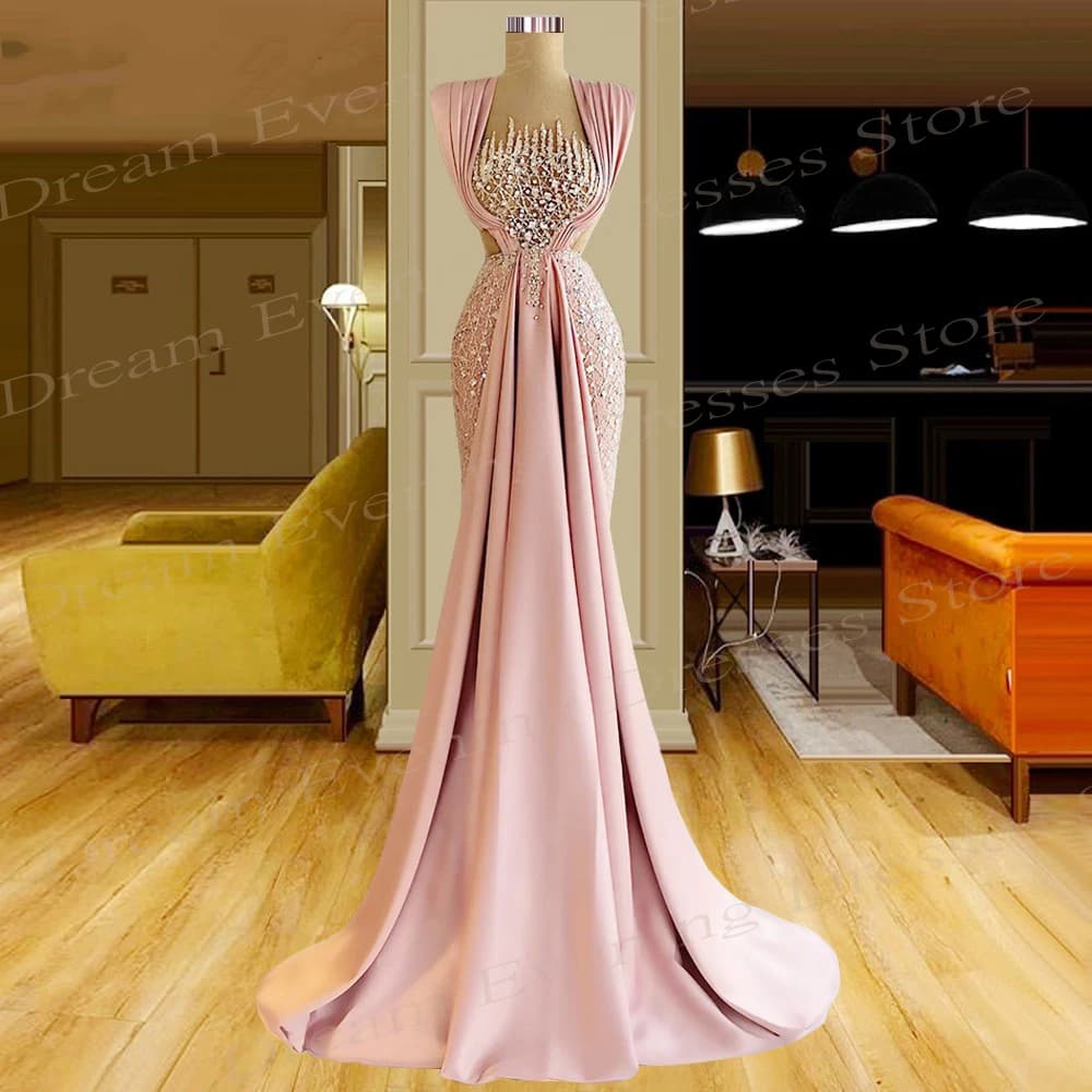 Arabic Pretty Pink Beaded Mermaid Charming Evening Dresses Sleeveless Prom Gowns Customized For Formal Party Vestido De Fiesta