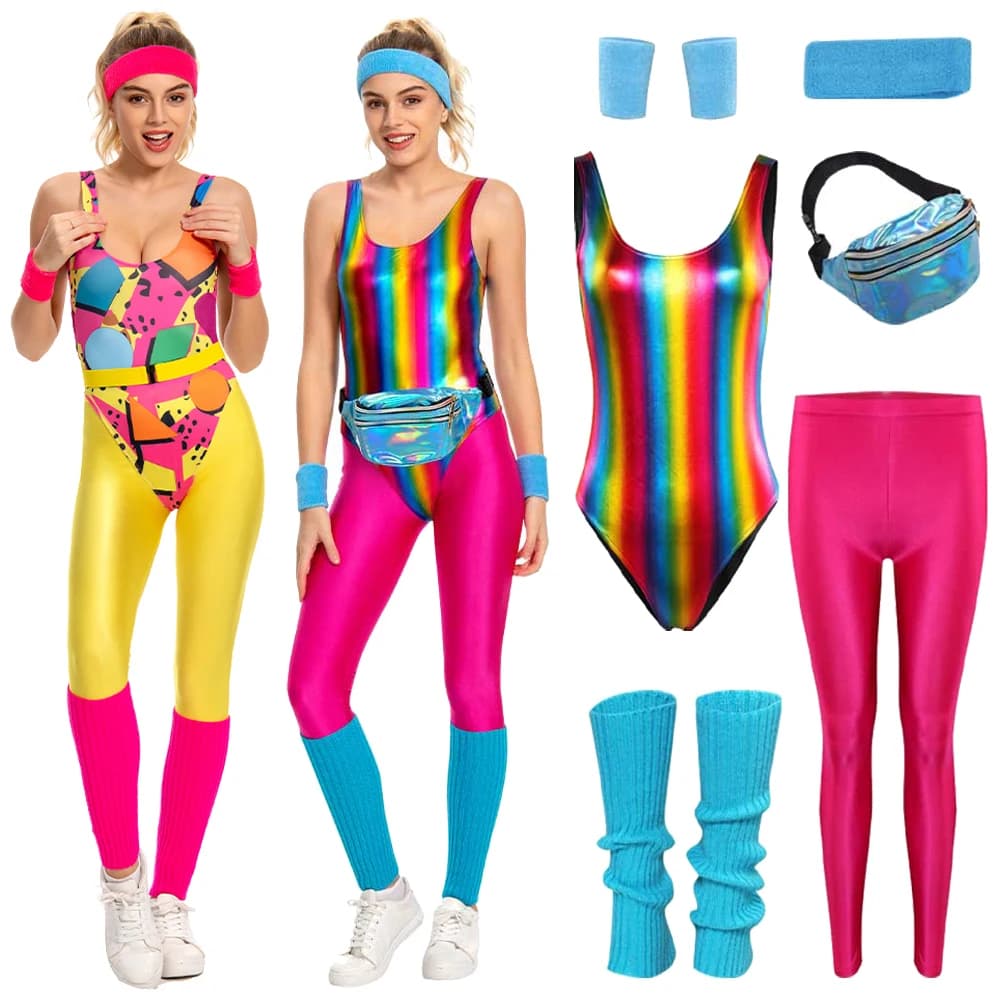6Pcs/Set Women 80s 90s Legging Cosplay Costume Sportwear Headband Set Halloween Carnival Suit For Disguise Ladies Women Adult