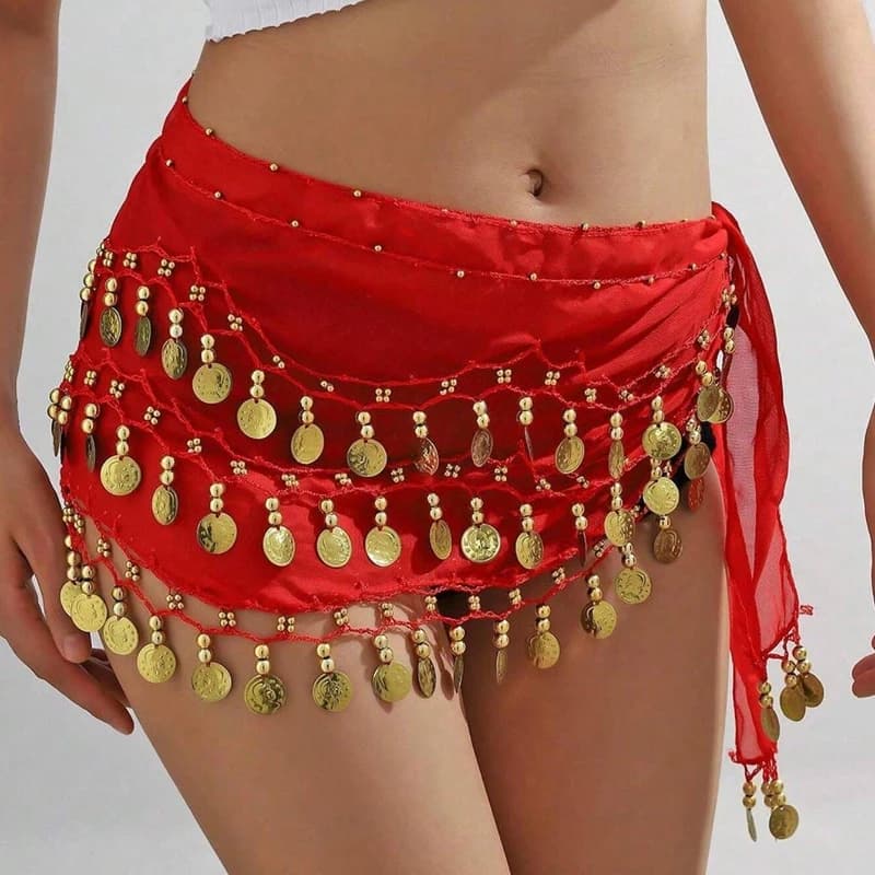 1pc Belly Dance Hip Scarf Chiffon Skirt Wrap Professional Hip Scarf Skirt Costume With Coins For Yoga Belly Dancing Halloween