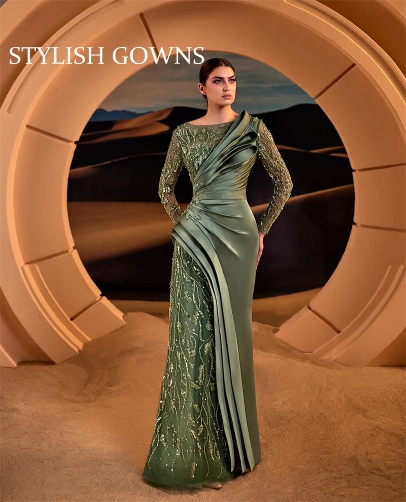 Luxury Green Beaded Pleats Evening Dresses 2025 Vestido Prom Dresses Saudi Arabi  Weeding Dress Women  فساتين سهرة Customized