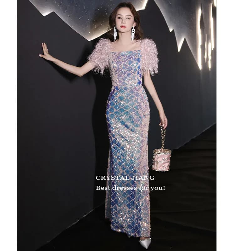 Shiny Sequined Short Sleeves Evening Dresses for Women Trumpet Long Lace Formal Occasion Party Dresses