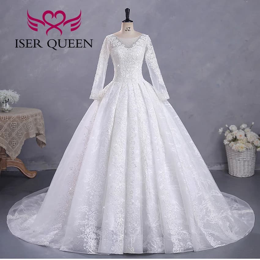 Customized Pretty Lace Embroidery Ball Gown Wedding Dresses 2025 Long Sleeves Lace Up Back Luxury Wedding Dress For Women WX0423