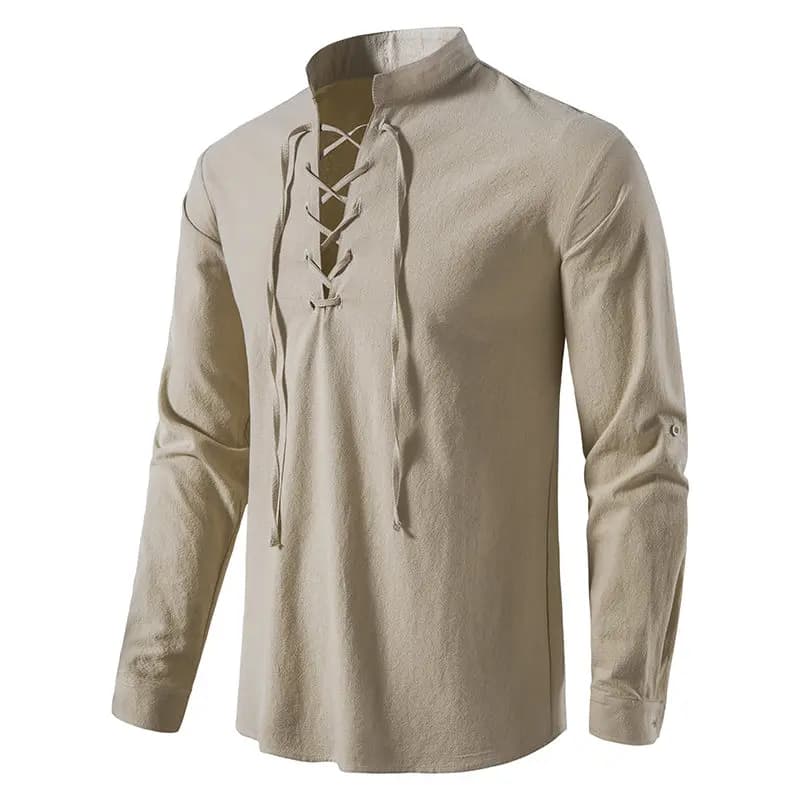 New Men's Casual Shirt Long Sleeve Solid Color Cotton Linen Blouse Mens Vintage Spring Autumn Breathable Stand Collar Shirts Man