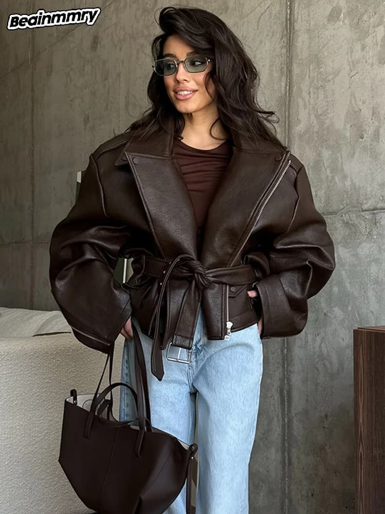 Women Chic Brown Leather Jacket With Belt Chic Long Sleeve Laple Zipper Short Coats 2025 Spring New Ladies Street Biker Jackets